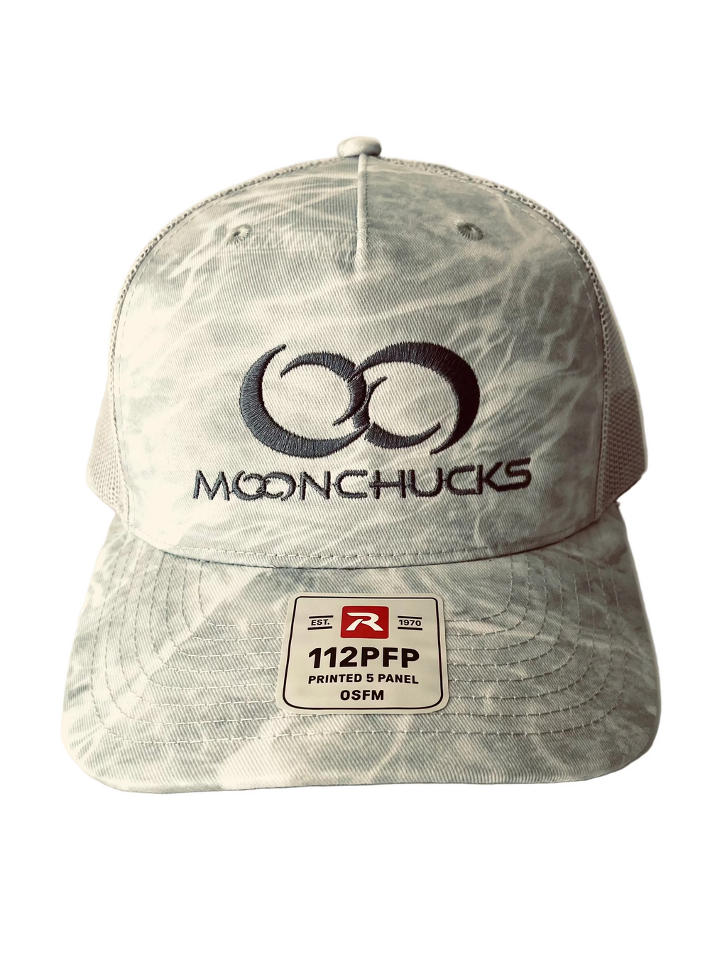 Beige camouflage baseball cap with 'Moonchucks' logo on a beige background