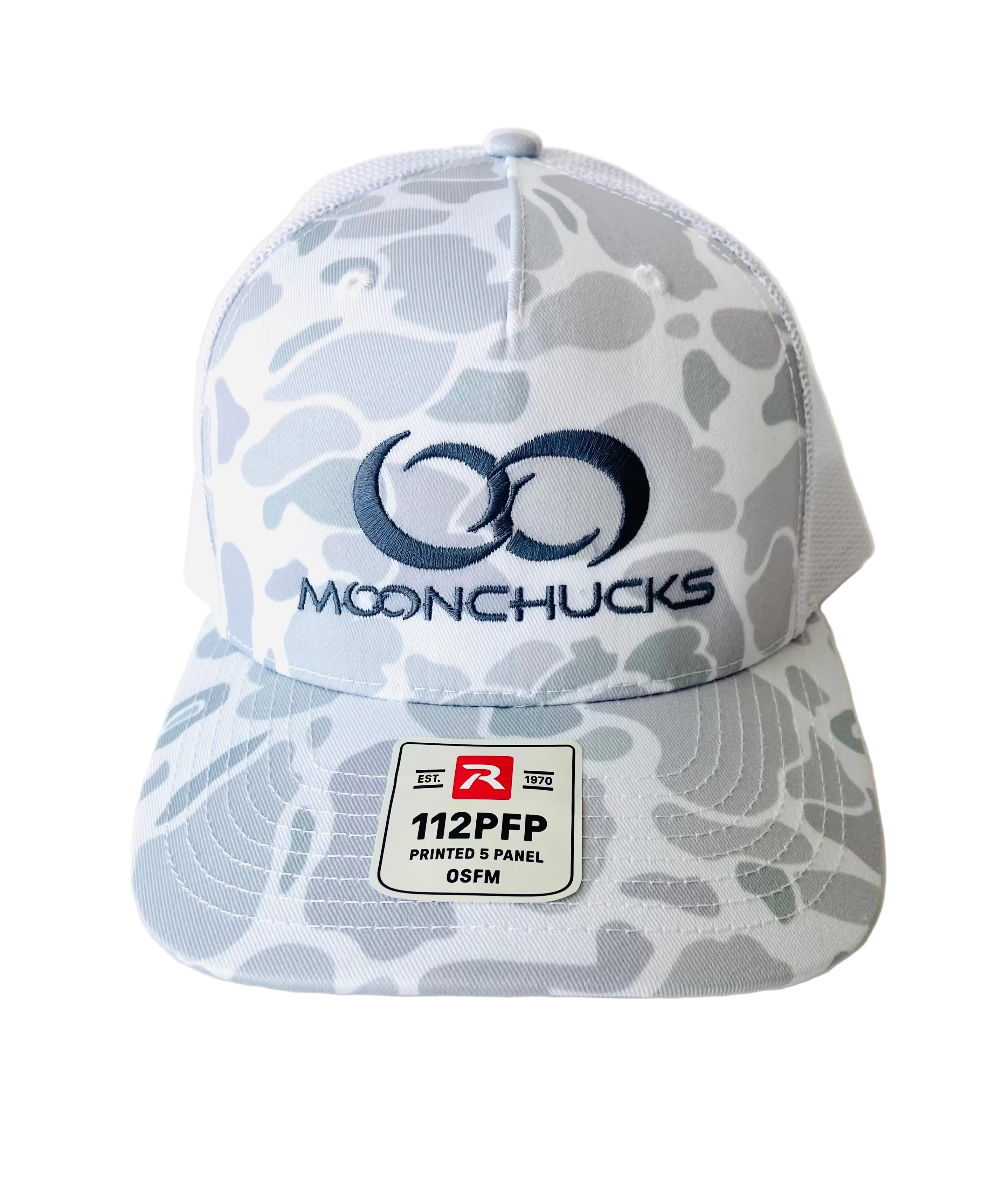 Camouflage-patterned cap with 'Moonchucks' branding in white